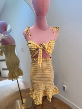 Yellow Gingham Tie-Front Midi Dress